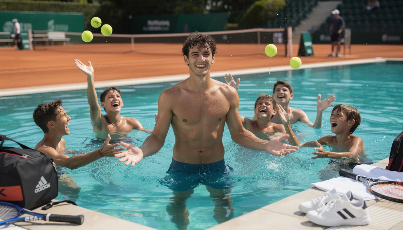 découvrez arthur fils s’amusant joyeusement avec les ramasseurs de balles dans une piscine lors de l'atp 500 de barcelone dans cette vidéo pleine de bonne humeur.
